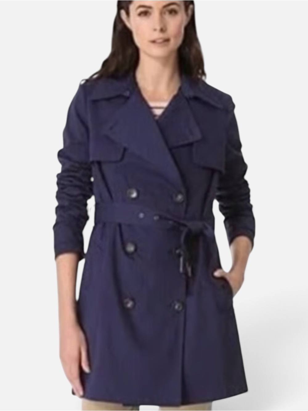 Vince Navy Blue Cotton Blend Double Breasted Belted Short Trench Coat Jacket M